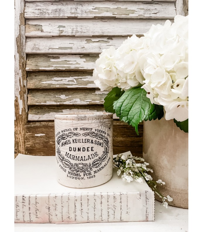 Antique English- James Keiller Dundee Marmalade 1# Ironstone crock - Crazing, Grey/White coloring